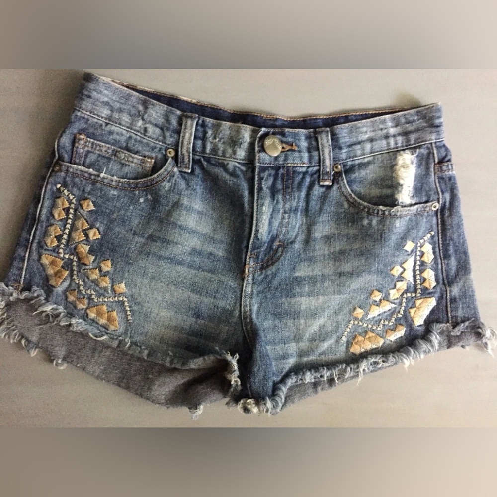 Free People Blue Embroidered Denim Shorts